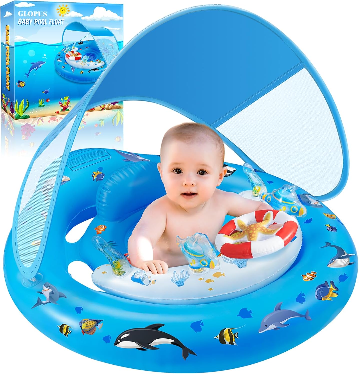 Glopus baby pool float with canopy front view
