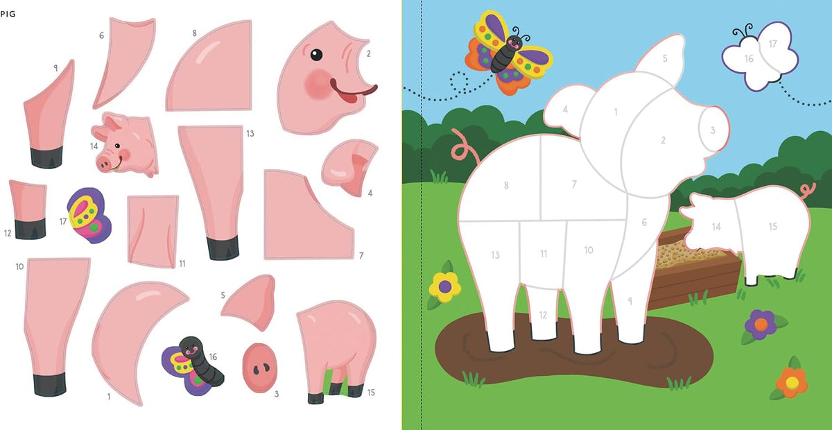 Numbered sticker sheets included in farm animals activity book