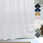 Lecloud white fabric shower curtain front view hanging elegantly in a modern bathroom setup
