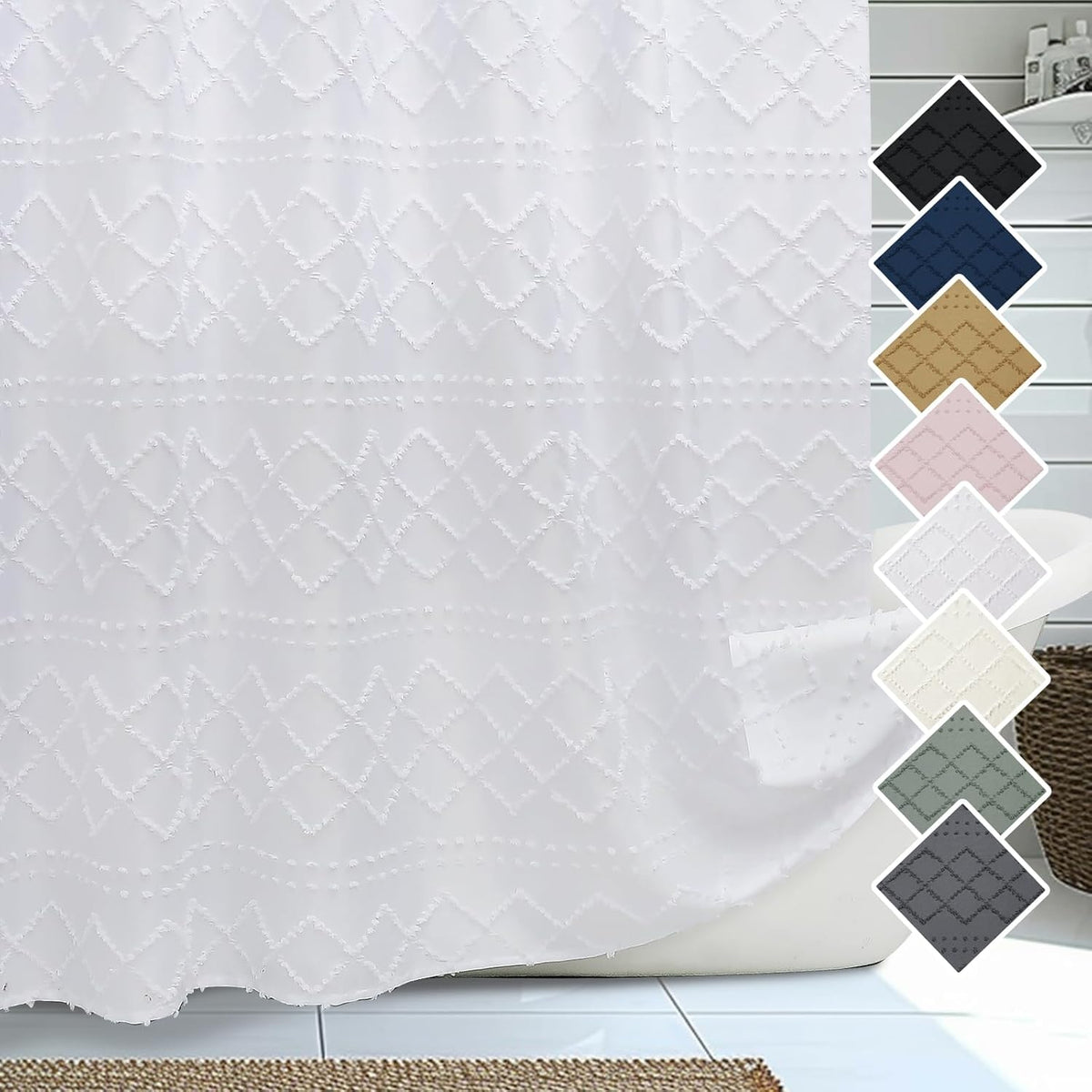 Lecloud white fabric shower curtain front view hanging elegantly in a modern bathroom setup
