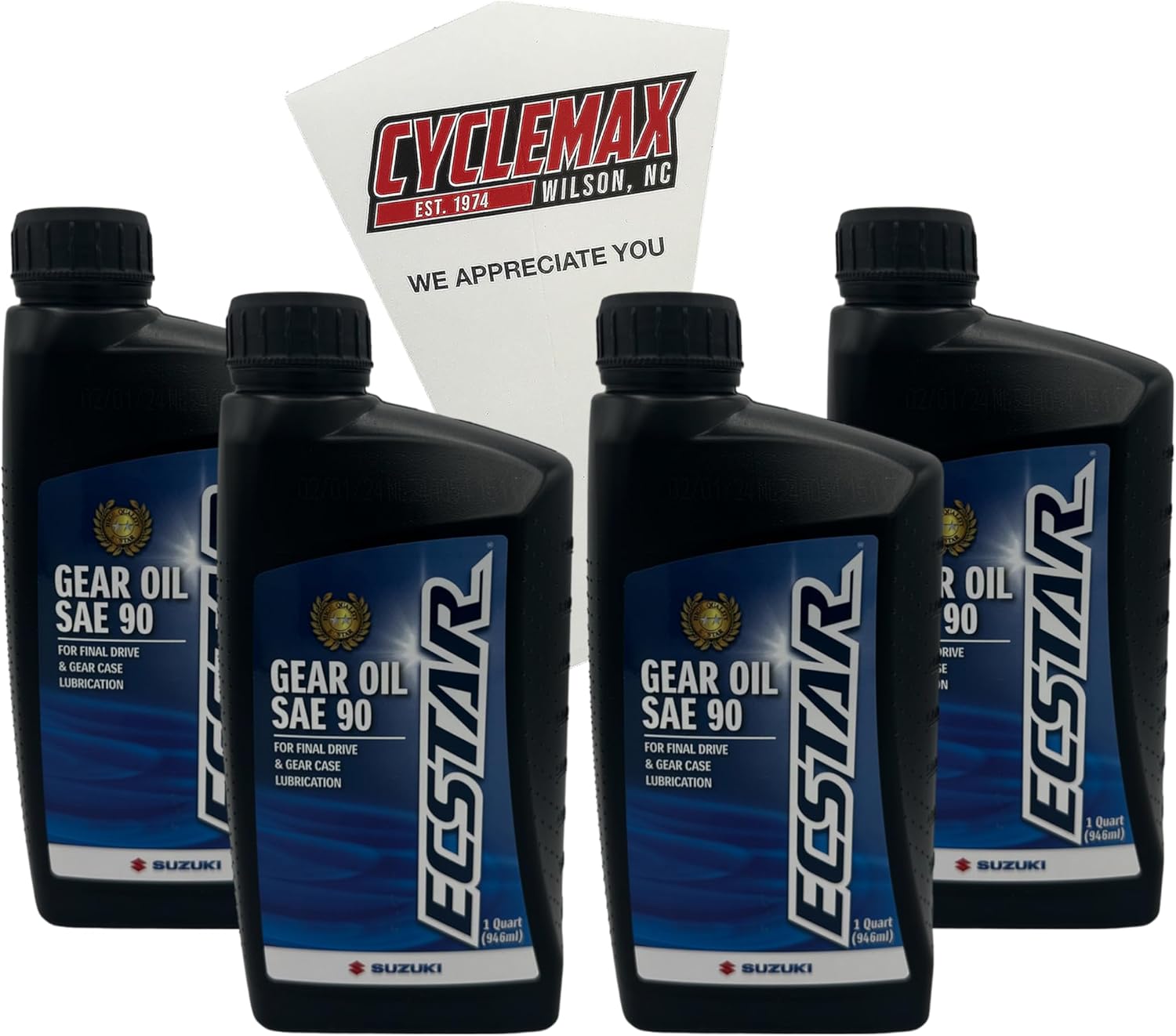 CYCLEMAX Suzuki Ecstar gear oil four pack front view showing four lubricant bottles and a disposable funnel.