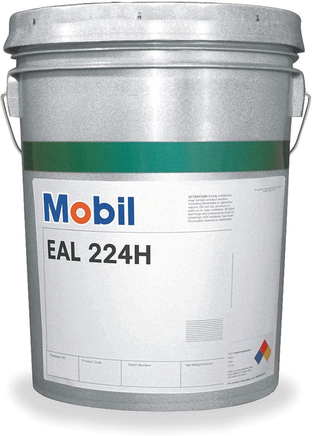 Mobil 102570 EAL 224H five gallon hydraulic fluid pail front view showing industrial lubricant packaging.