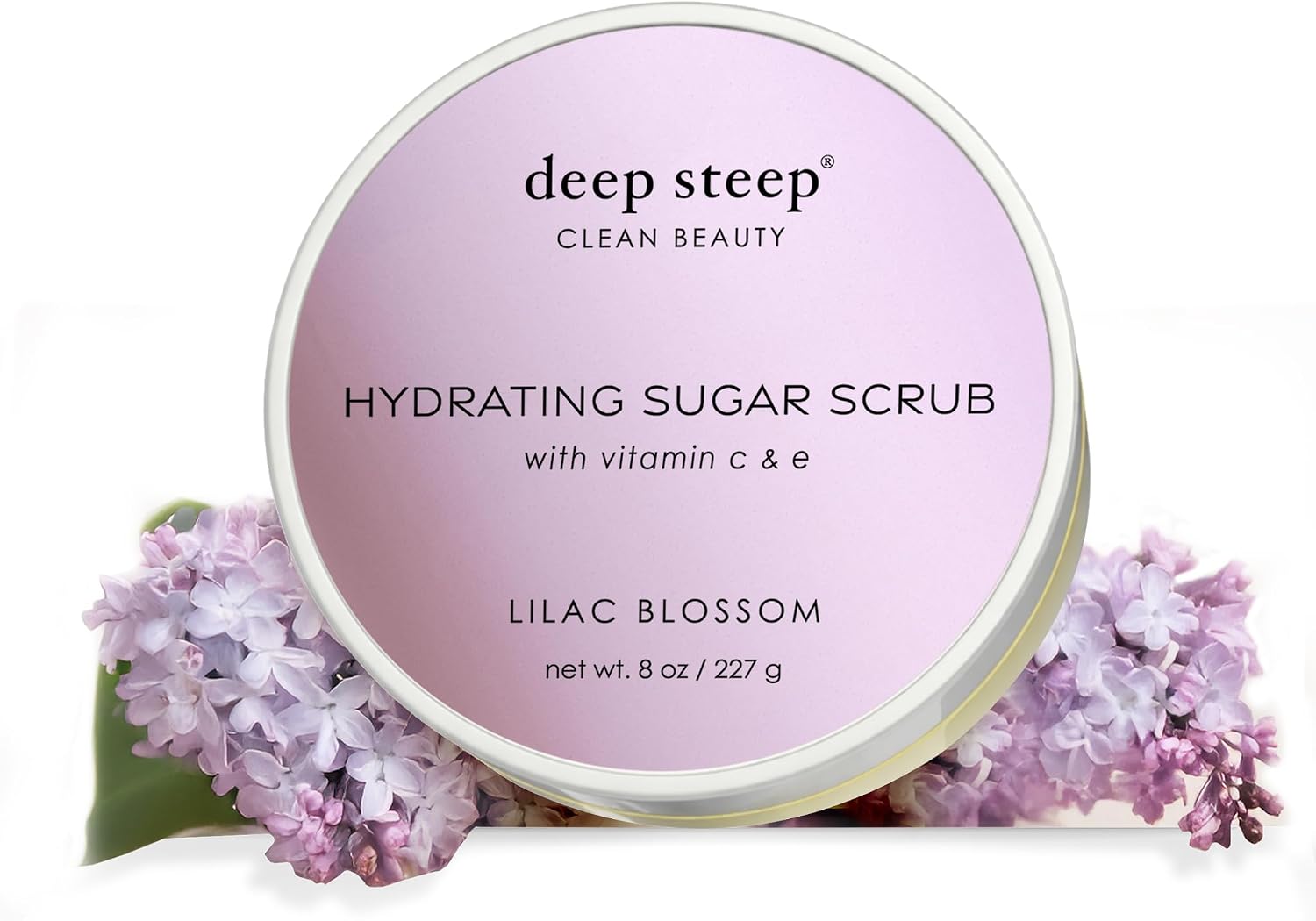 Deep Steep Lilac Blossom Sugar Scrub front view in 8 ounces jar