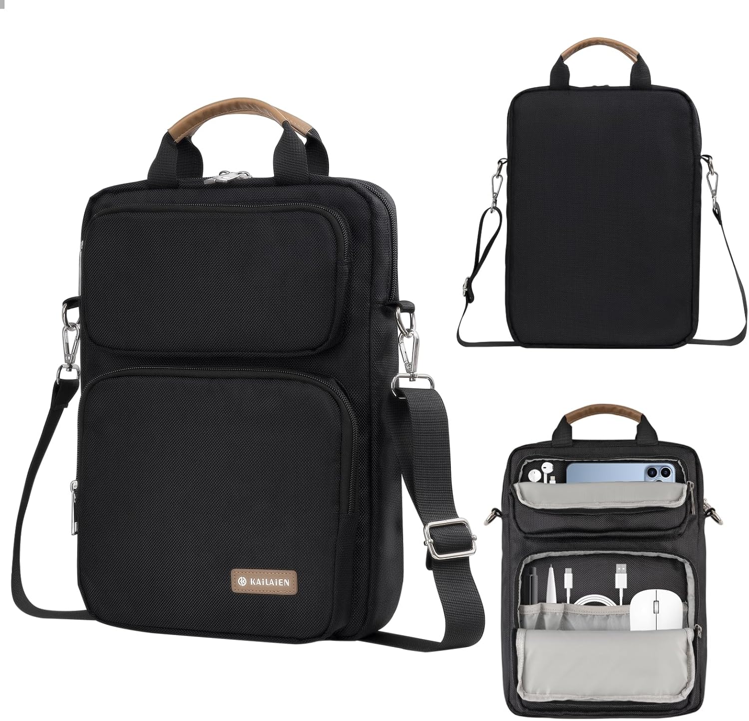 Kailaien tablet sleeve bag front view in premium black color showcasing the dual front zippered pockets and sleek design.