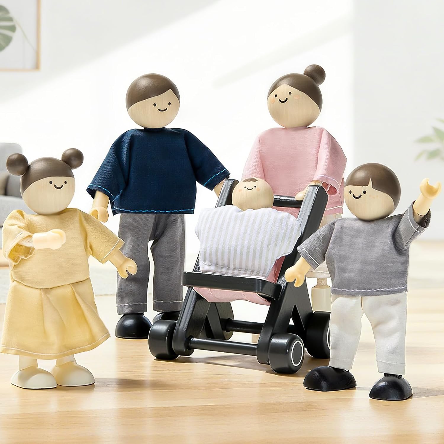 Tiny Land Wooden Dollhouse People Set front view showing the complete five piece family and stroller