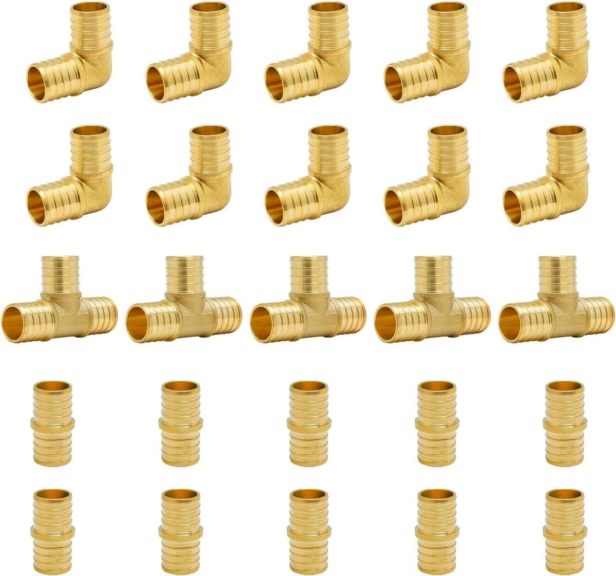 Complete assortment of 15 pex fittings laid out together