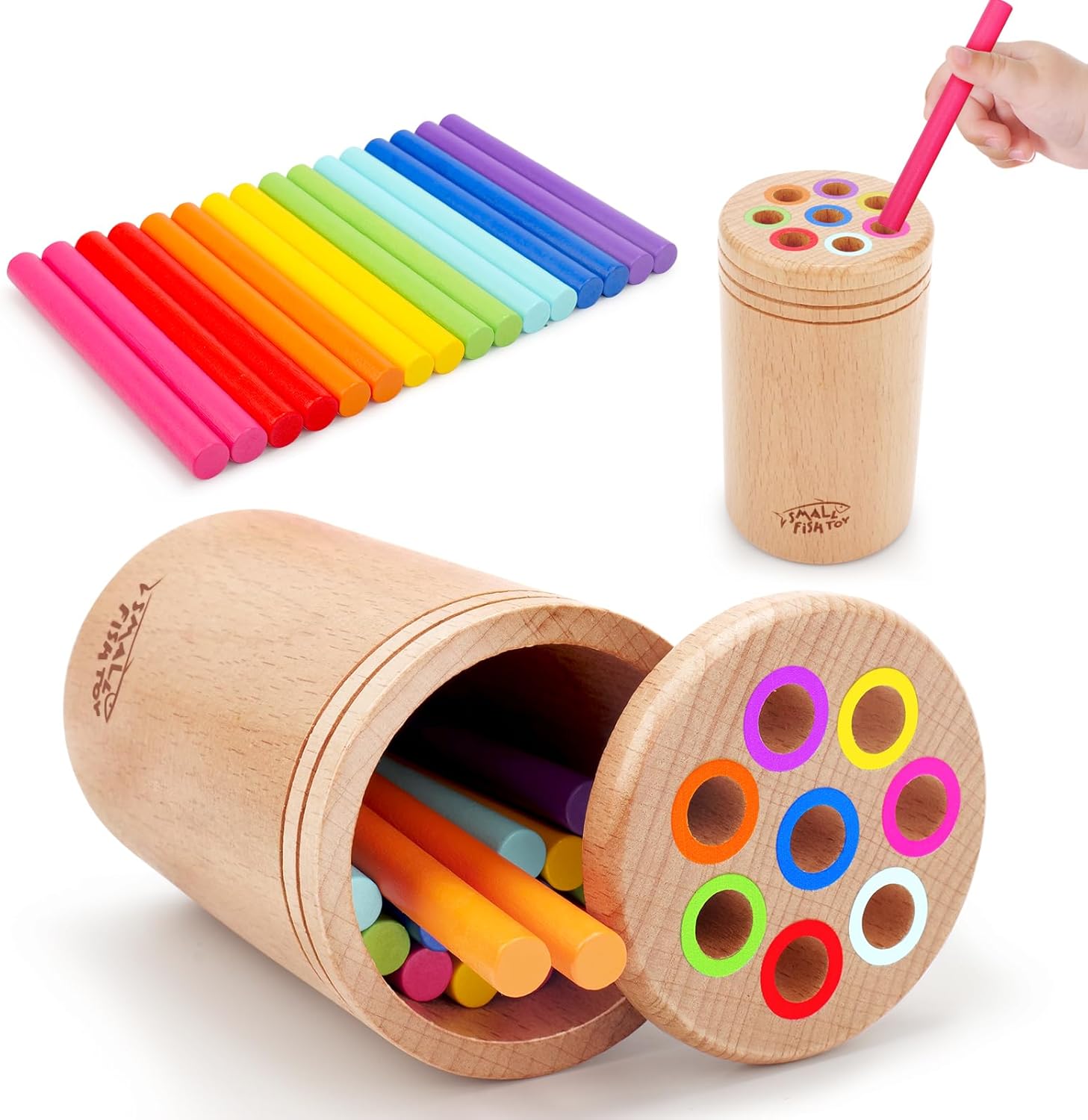 Small Fish Montessori wooden color sorting toy front view for toddlers.
