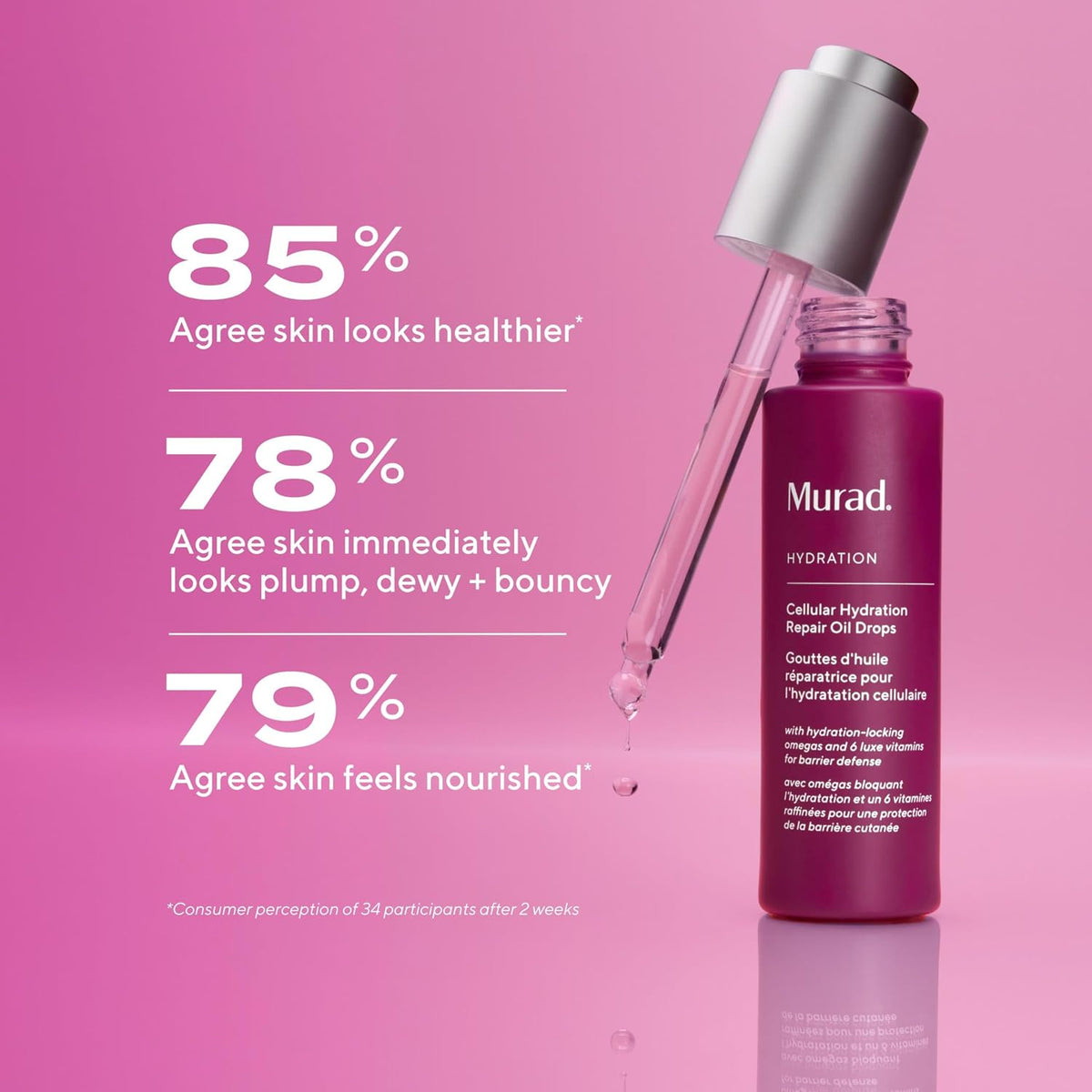 Applying Murad hydrating oil drops onto skin to boost radiance and smoothness.