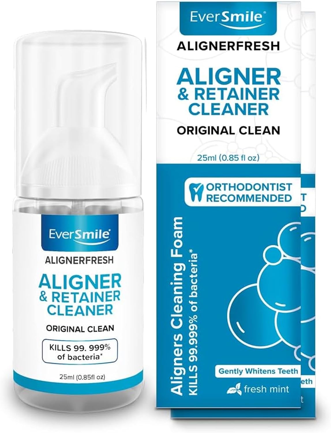 EverSmile AlignerFresh Original Clean Foam – Cleaner Compatible w/Invisalign and All Clear Aligners & Retainers – Eliminates Bacteria, Whitens Teeth, Fights Bad Breath – 25ml (2 Pack) - Image 1