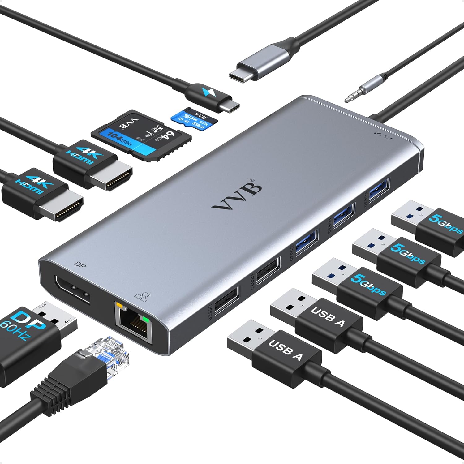 VVB USB Type C laptop docking station front view showing aluminum gray finish and dual HDMI ports.