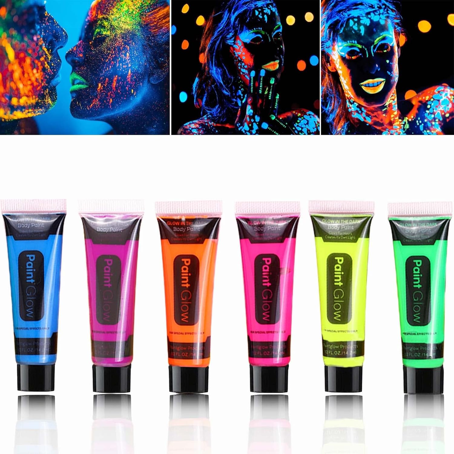 BKPPLZP glow in the dark face and body paint set showing front view of six neon color tubes