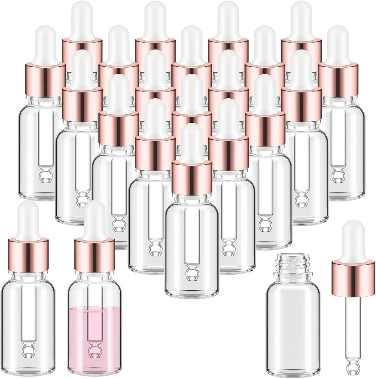 Didaey 200 Pcs 1/2/3/5/10/15 ml Mini Glass Oil Dropper Bottle Bulk, Clear Essential Small Empty Bottles Sample Containers Perfume Liquid Vials with Cap for Traveling (2 ml,Champagne Gold) - Image 12