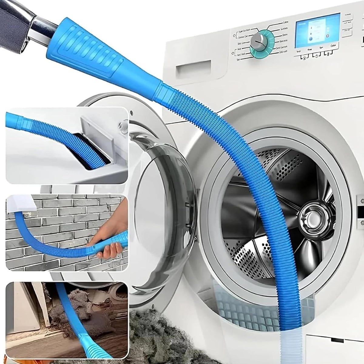 Long flexible lint brush scraping deep dust out of an exhaust duct