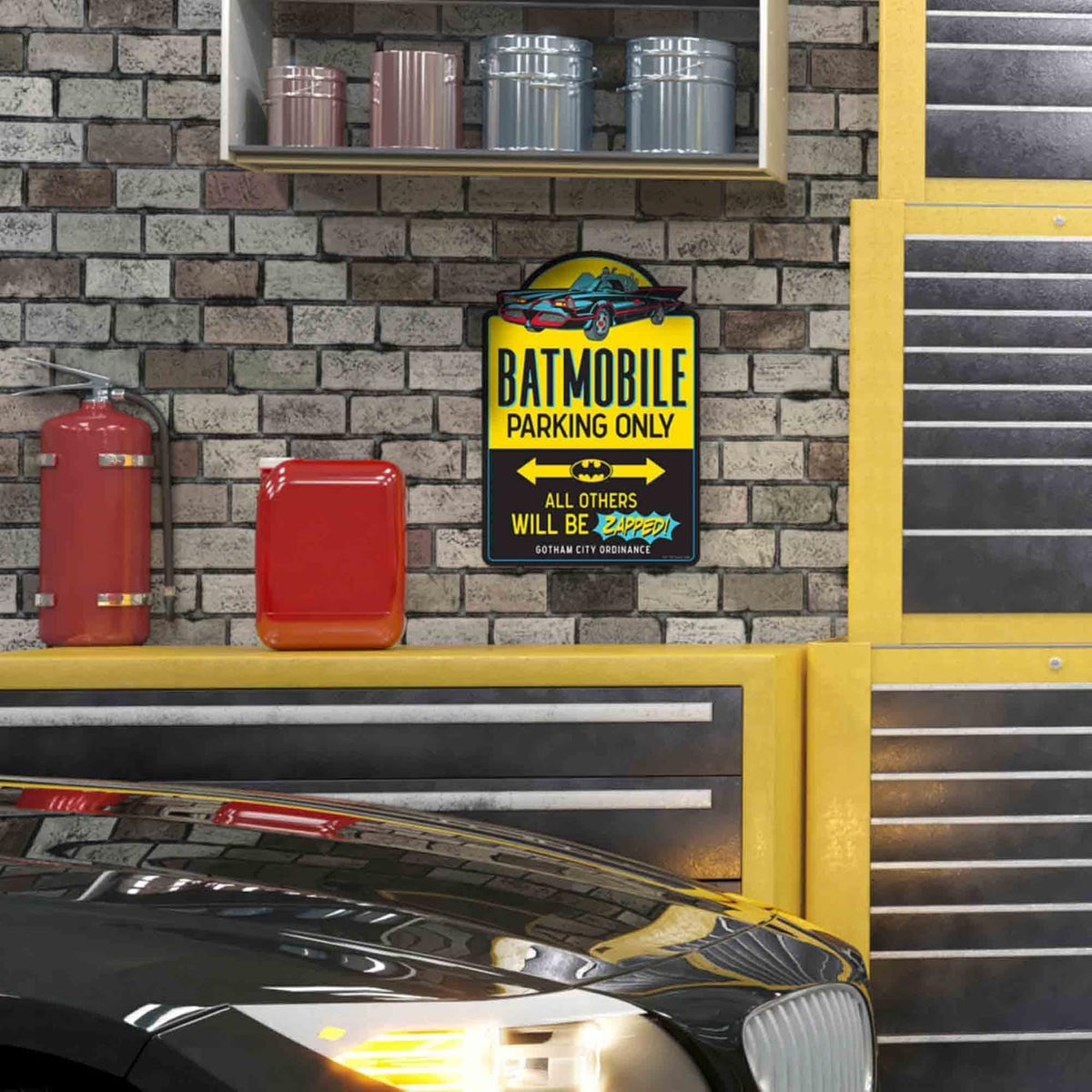 Open Road Brands Batman Batmobile sign showing pre-drilled mounting holes