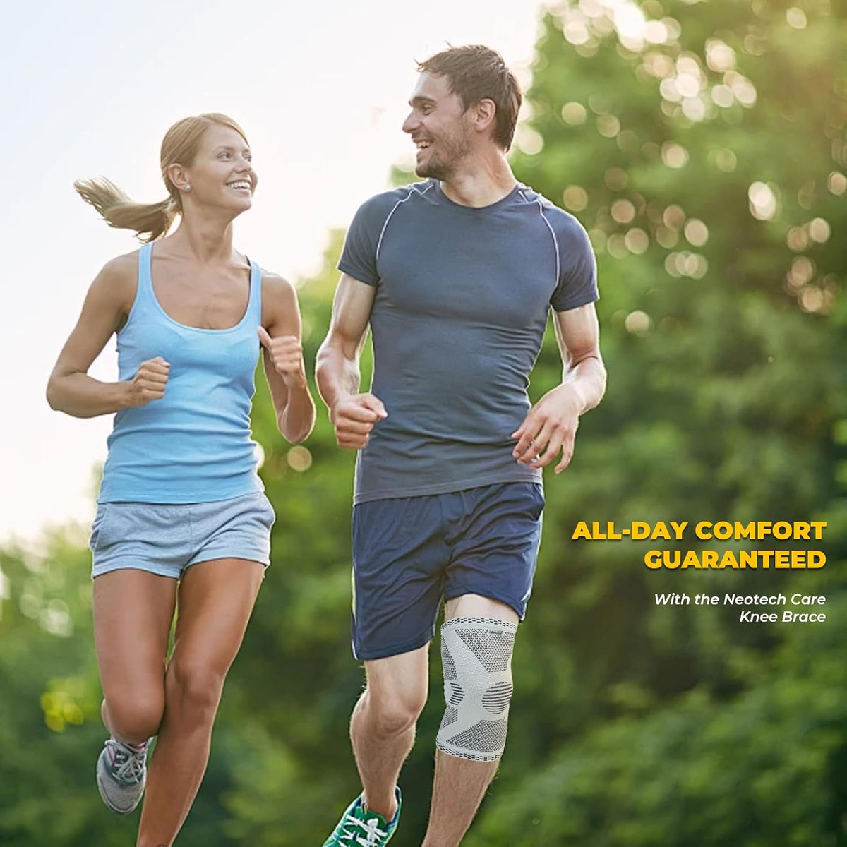 NEOtech Care gray knee support showing elasticity and stretch features