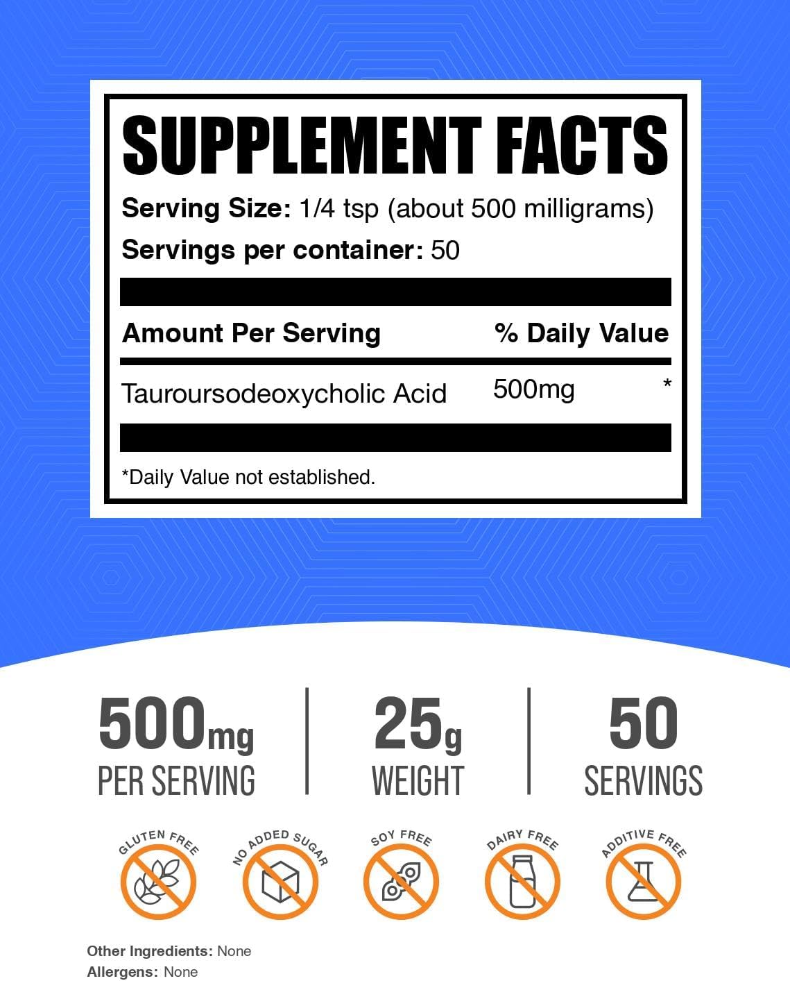 BulkSupplements Tauroursodeoxycholic Acid 500mg nutritional information label