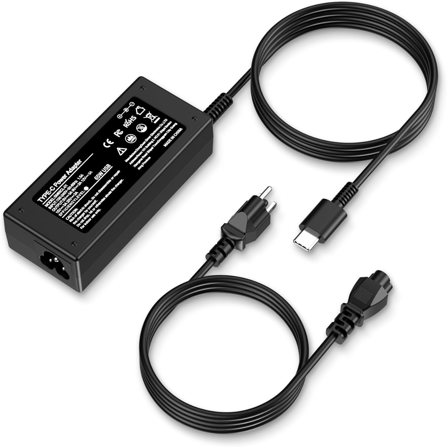 INEXEWOC universal 65W USB C laptop charger front view showcasing compact adapter body and power cable.