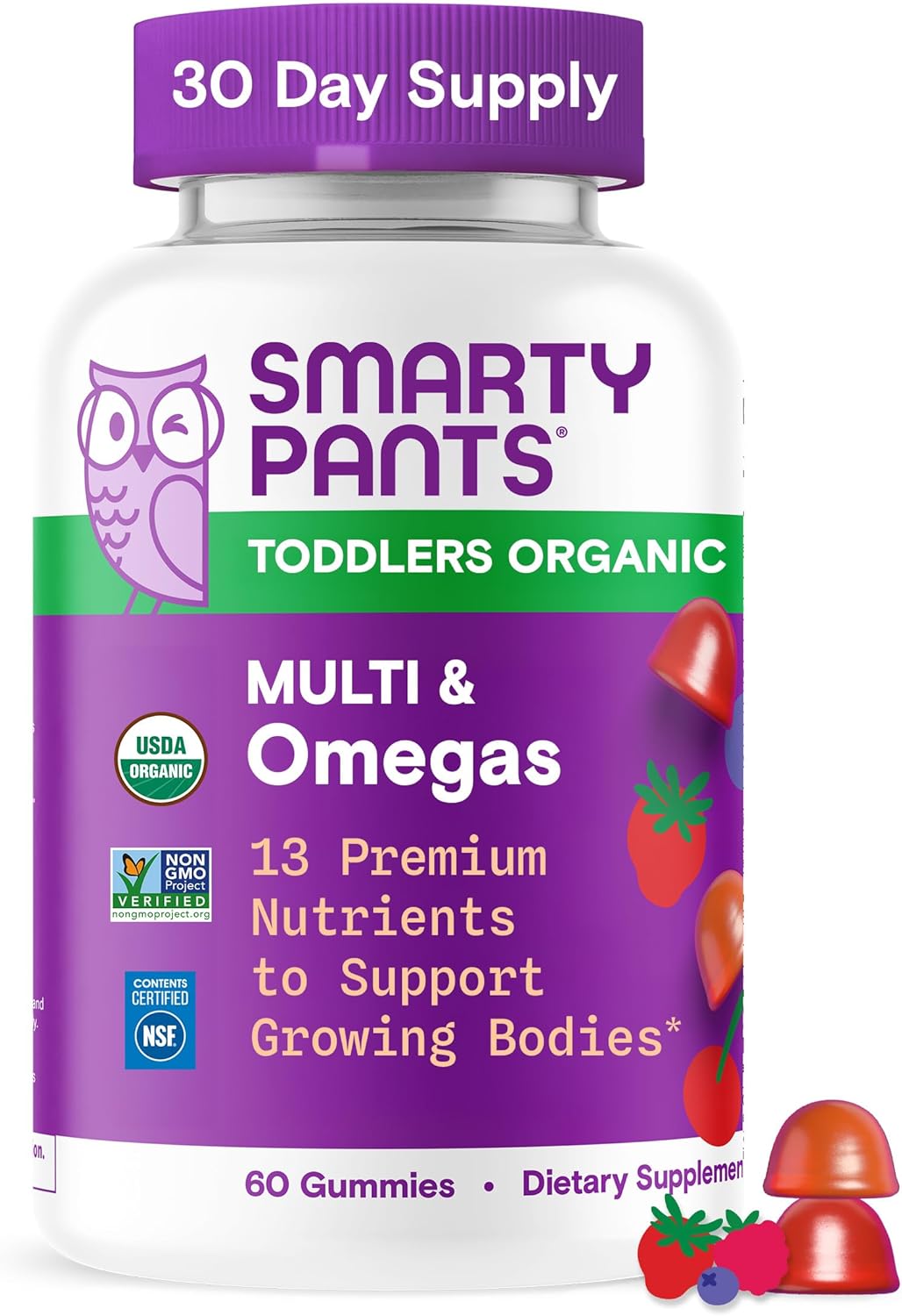 SmartyPants Organic Toddler Multivitamin Gummies: Omega 3 (ALA), Vitamin D3, C, Vitamin B12, B6, A, K & Zinc for Immune Support, Biotin, Vegetarian, Two Fruit Flavors, 60 Count (30 Day Supply) - Image 1