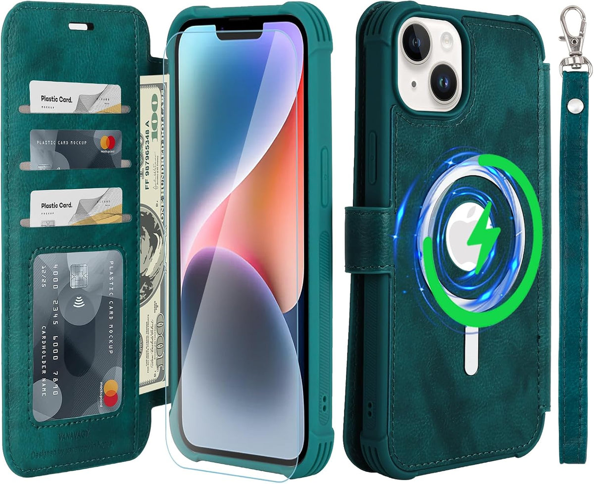 VANAVAGY Wallet Case for iPhone 14 Pro for Magsafe, Blue | 12ft Drop-proof Flip Cover for Wireless Charging, PU Leather, RFID Blocking Card Holder, Wrist Strap, Screen Protector - Image 15