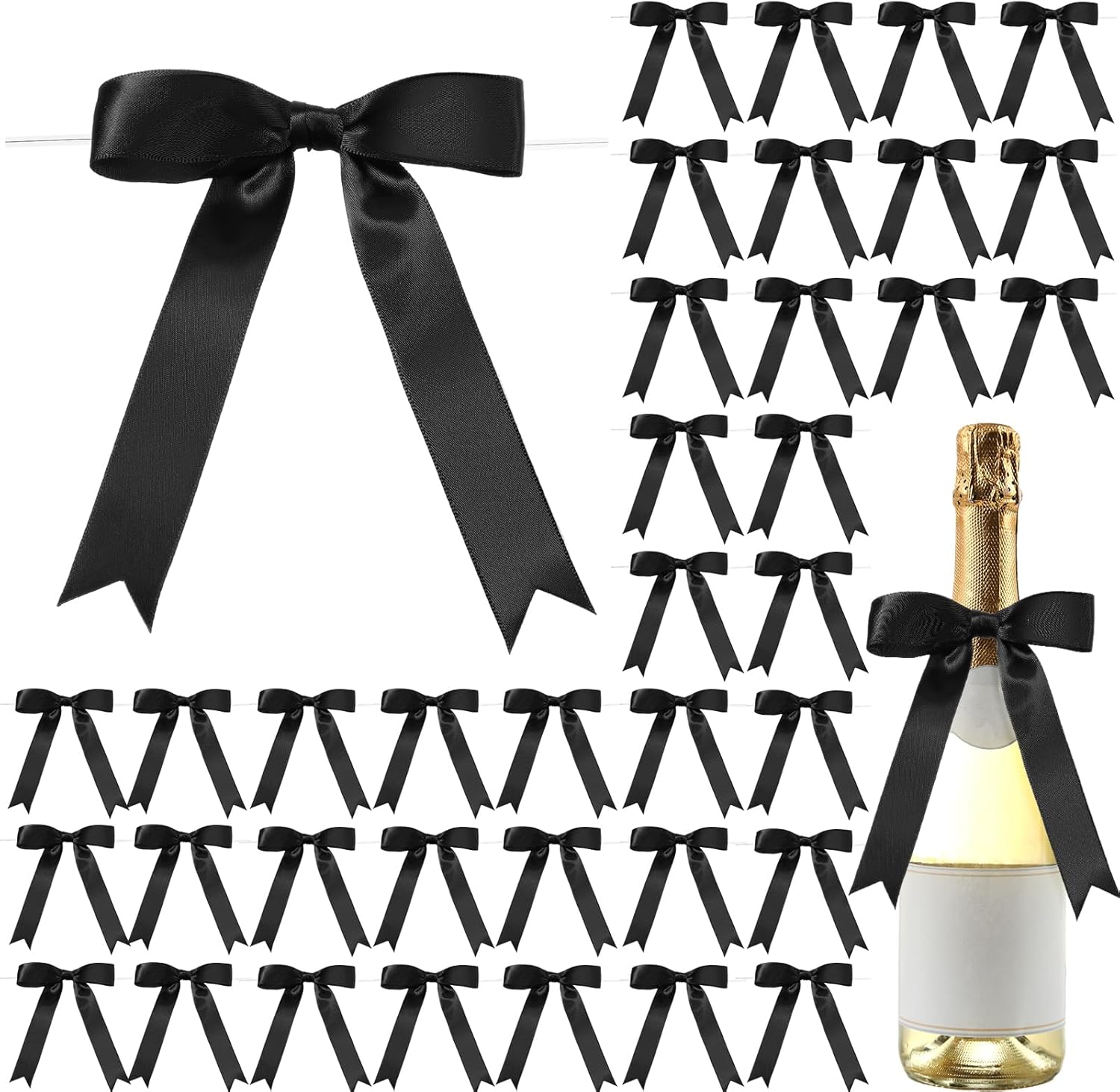Riceshoot 50 Pieces Black Satin Ribbon Bows front view of a pre-tied gift bow with glossy finish.