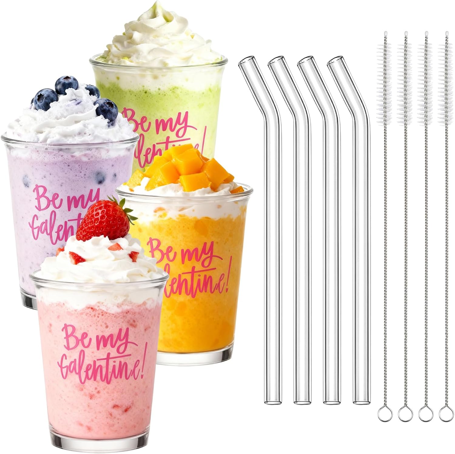 FoldTier Galentine Day glass cup set with straws front view