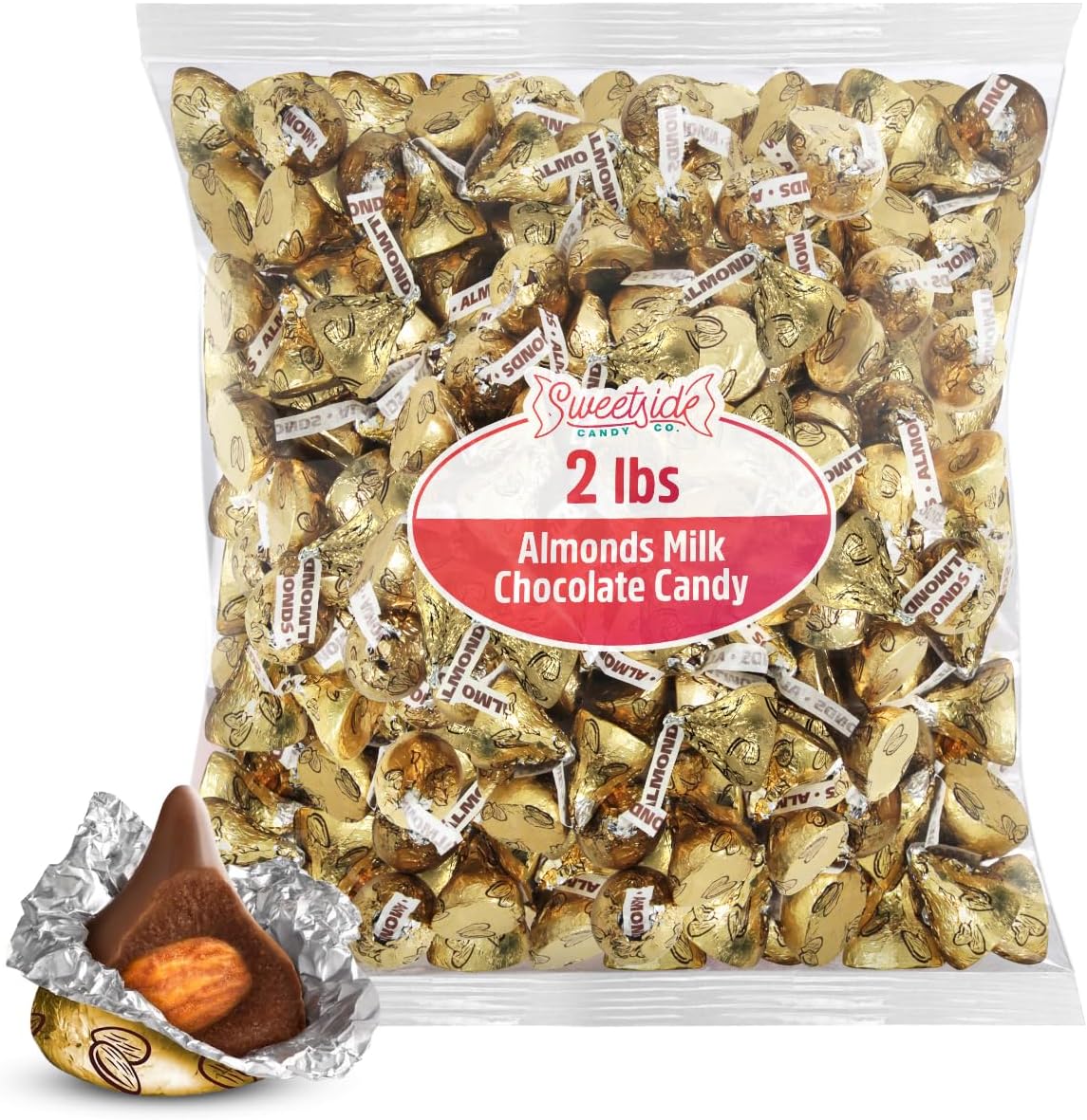 Sweetside Candy Co. Almond Kisses 2lb gold wrapped chocolates front view