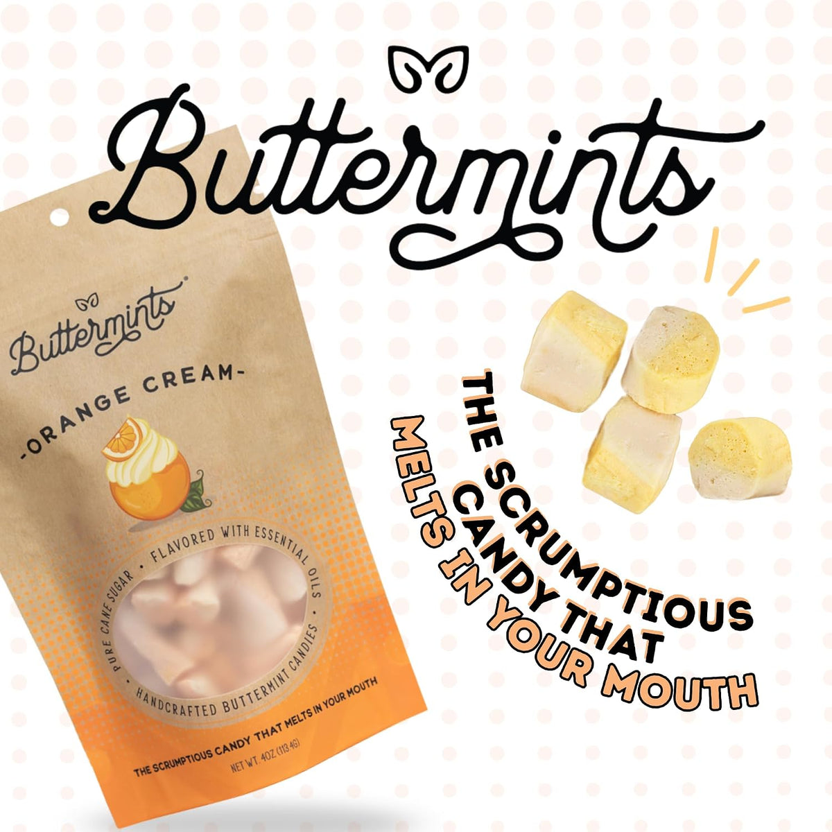 Close up view of handcrafted dreamsicle flavored butter mints showing texture.