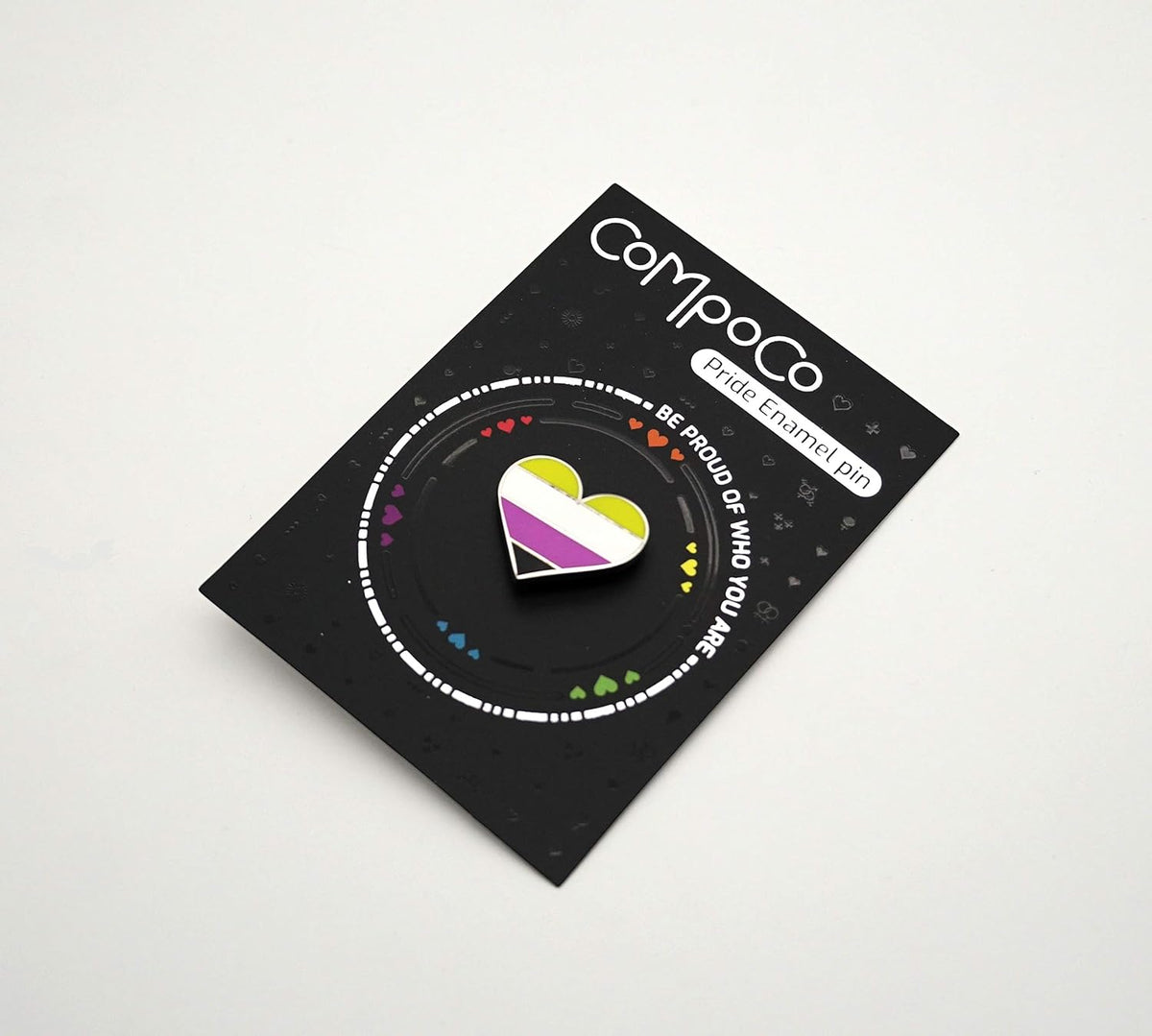 Compoco non binary pride pin flag close up enamel texture