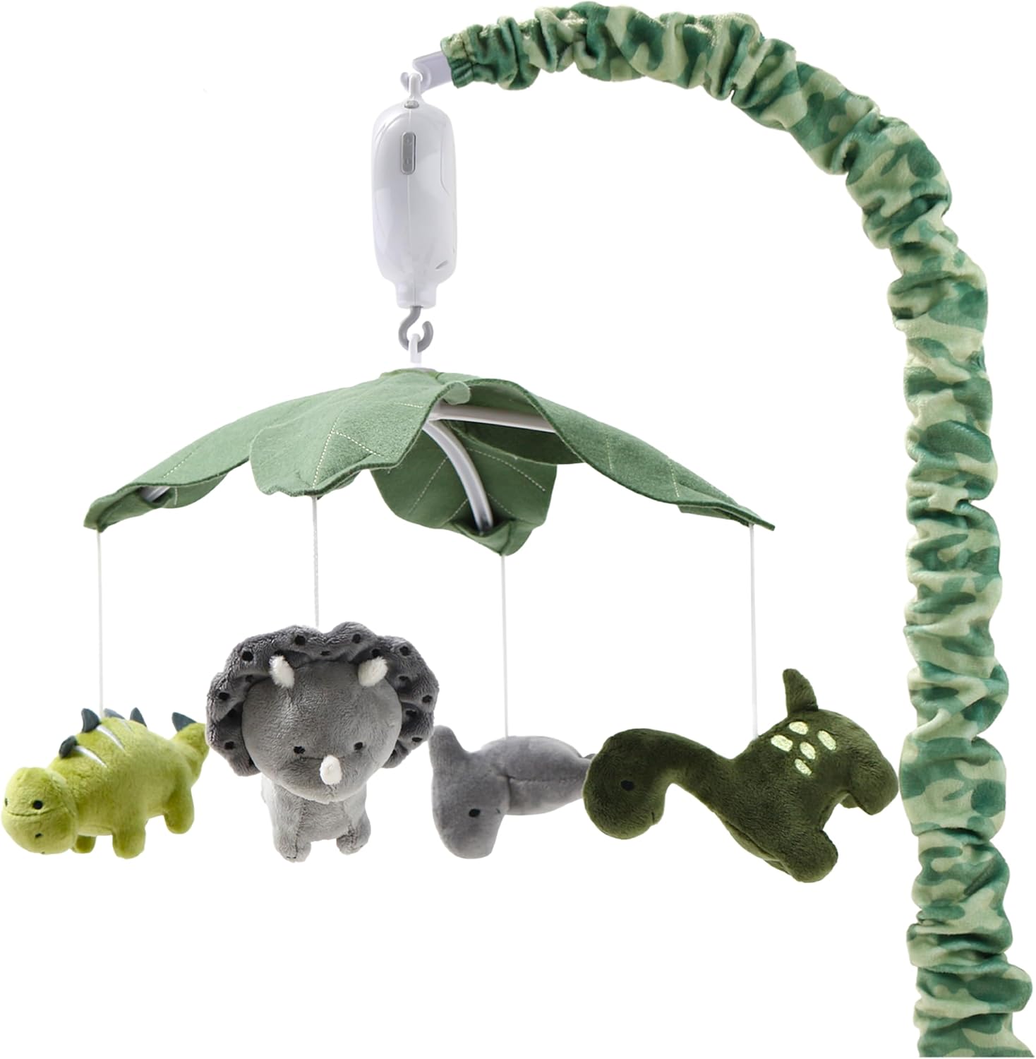 The Peanutshell Dinosaur Musical Baby Crib Mobile front view in a decorated nursery setup.