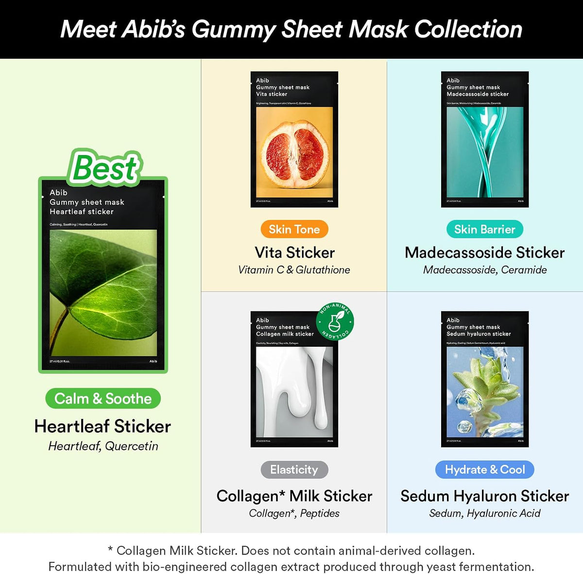 Back label of the Abib heartleaf face mask detailing directions for sensitive skin redness relief.