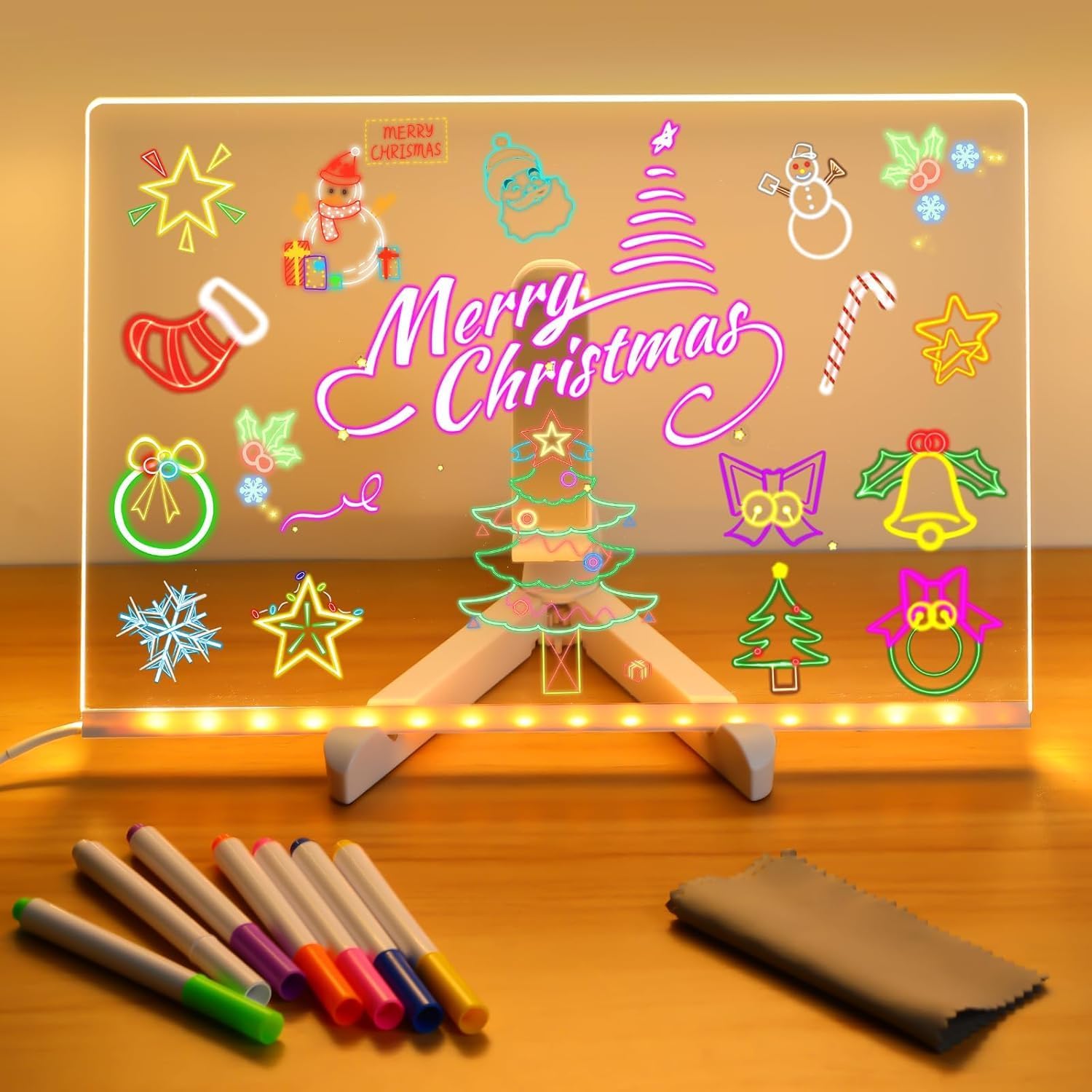 RWSEFK LED note board front view glowing with neon colored marker text on desk