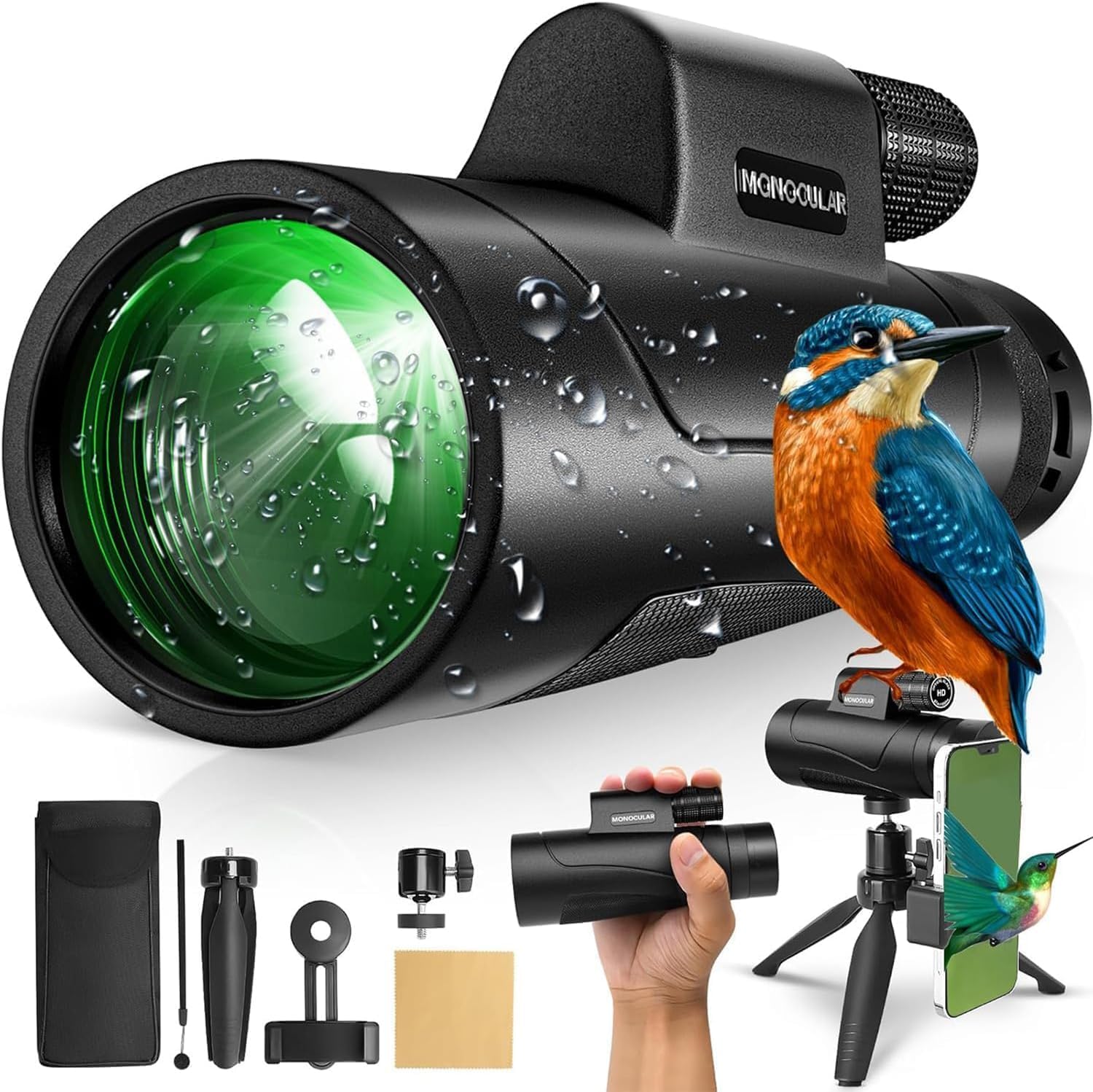 Asacam high powered monocular telescope front view highlighting the green tinted objective lens