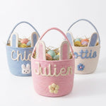 MBBEST Custom Easter Bunny Basket front view showing personalized 3D name embroidery on pink cotton rope