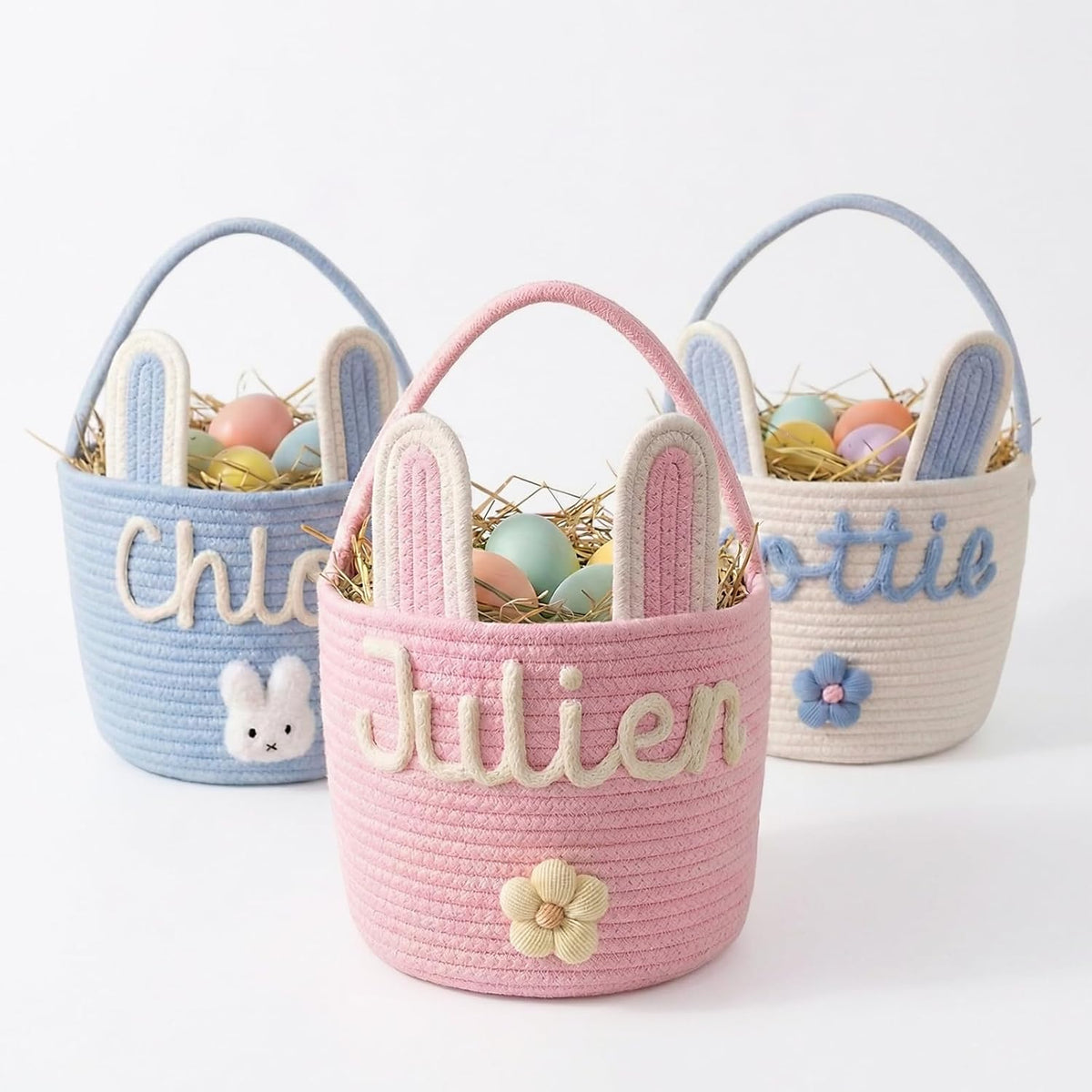 MBBEST Custom Easter Bunny Basket front view showing personalized 3D name embroidery on pink cotton rope