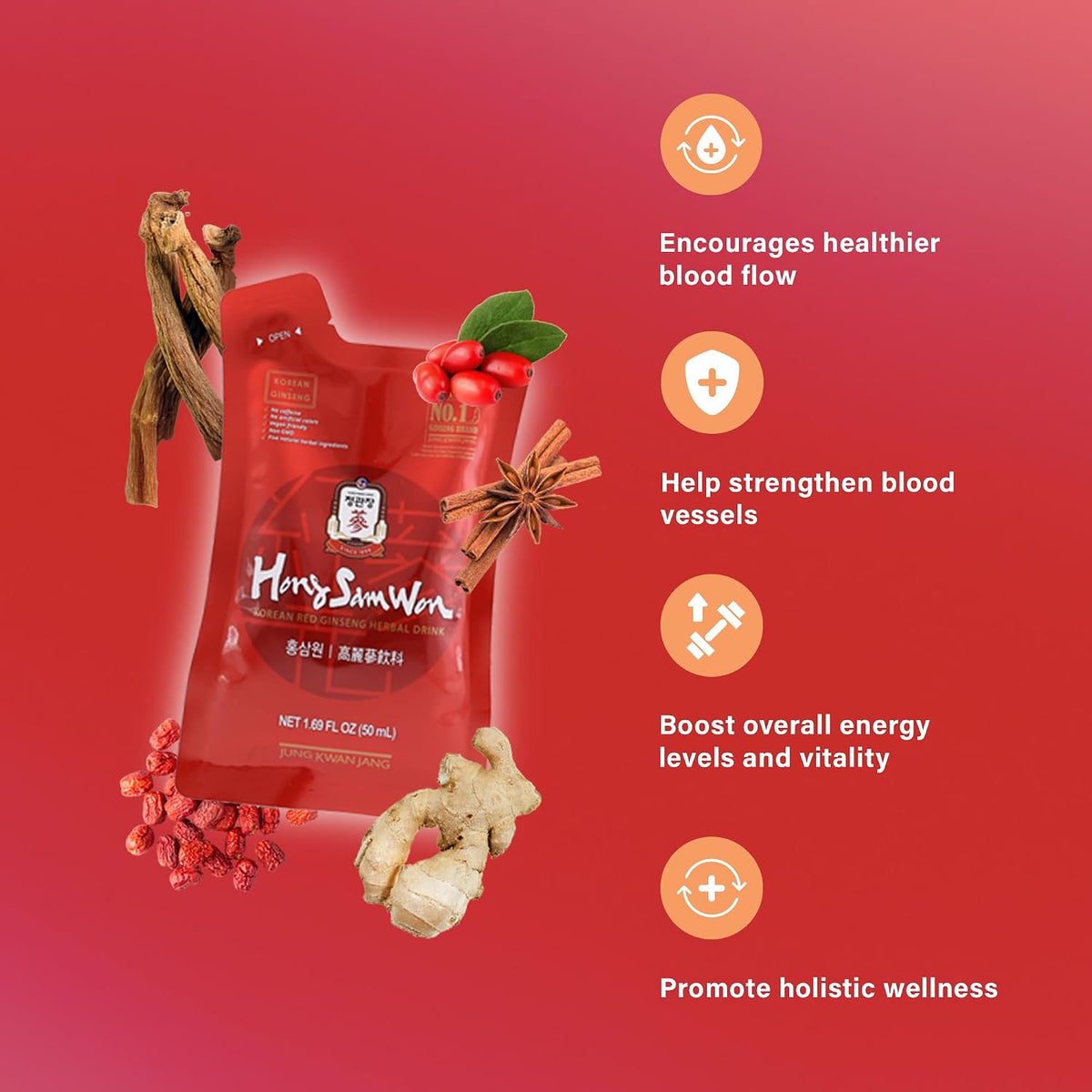 Korean Red Ginseng drink packaging displaying ingredients