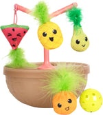 Catstages Hunt N Wobble Fruit Bowl front view with toy tree and cat toys