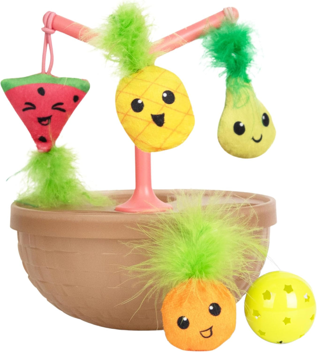 Catstages Hunt N Wobble Fruit Bowl front view with toy tree and cat toys
