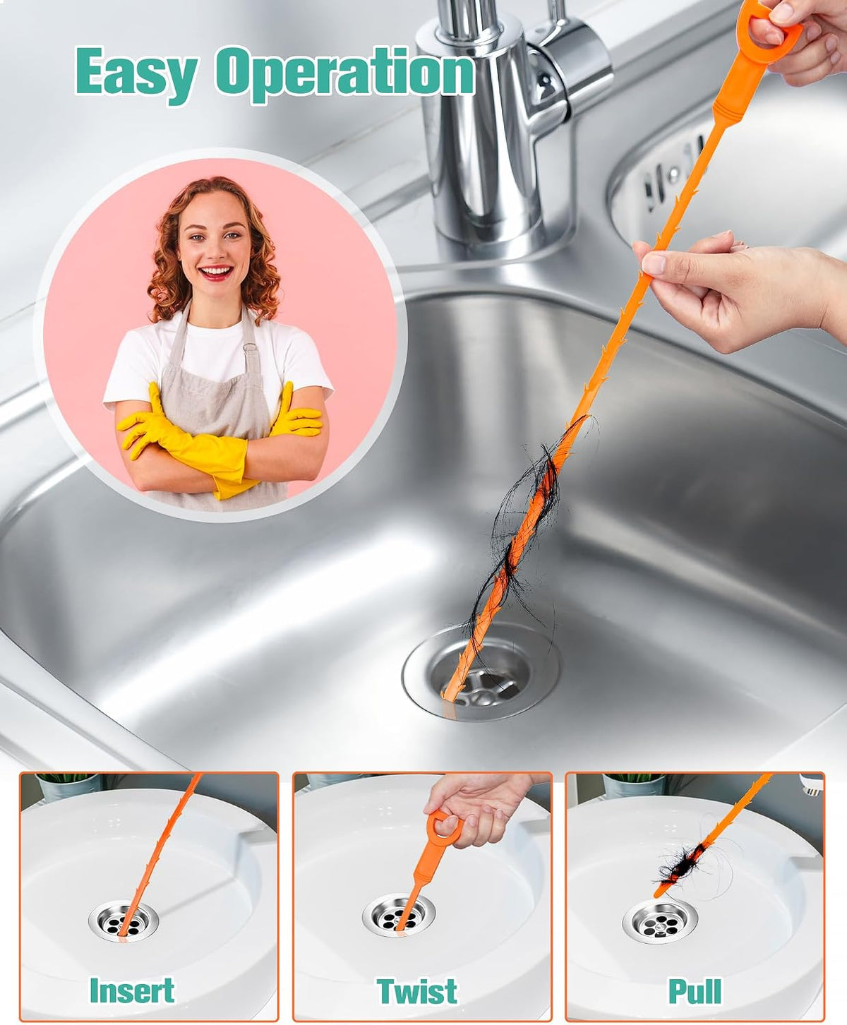 Oanie drain cleaner tool in use at bathroom sink