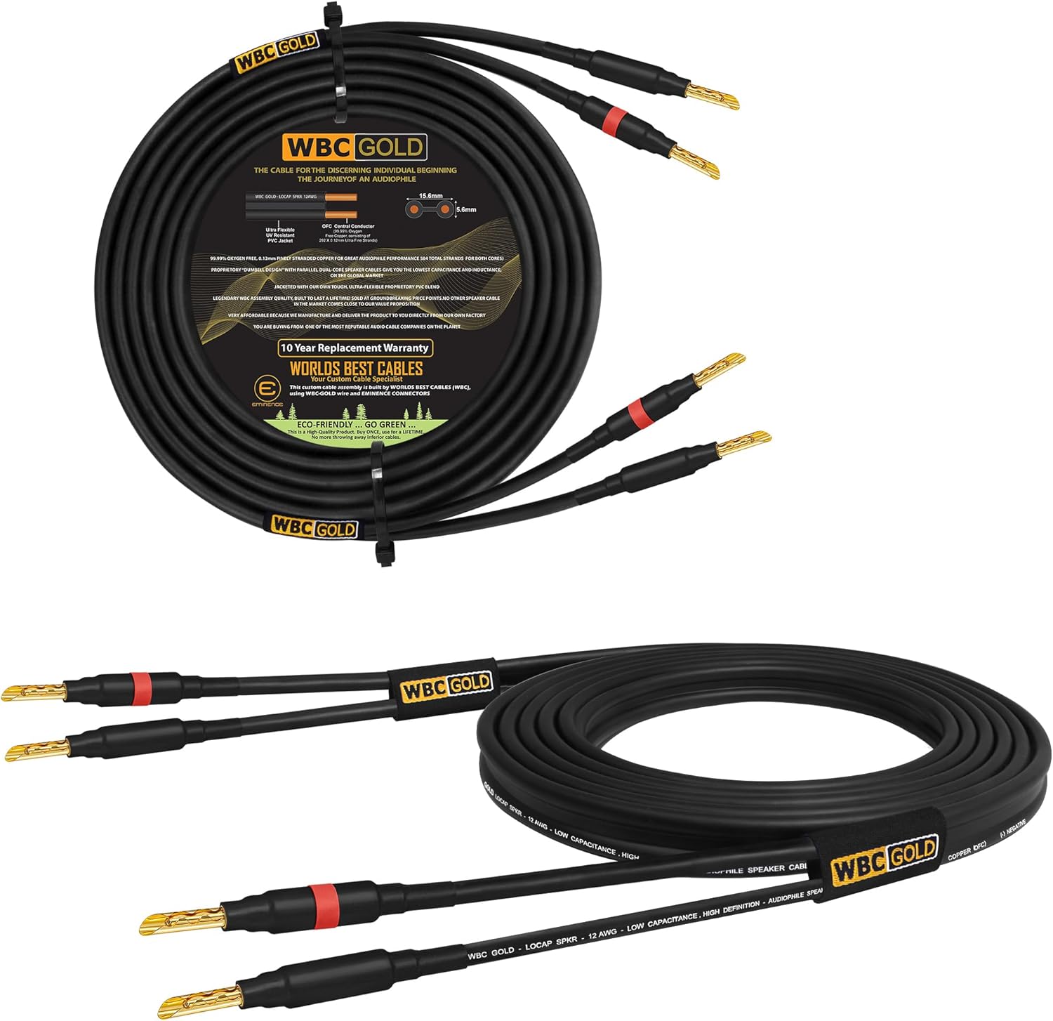 Worlds Best Cables 10 Foot Gold Speaker Cable front view