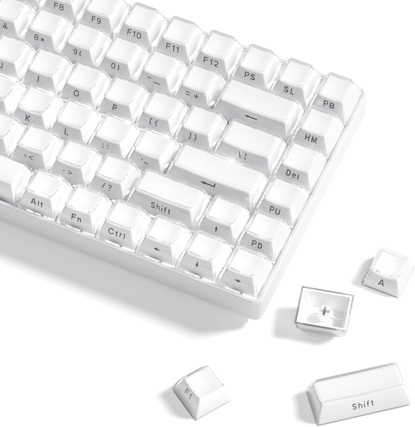 Womier Lusterfly Crystal Jelly Keycaps White 113 keys box front view layout showing double-layer transparent structure