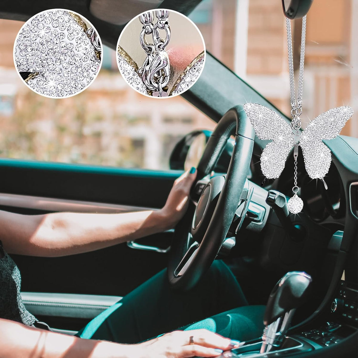 Packaging and full view of Dickno bling butterfly car accessory