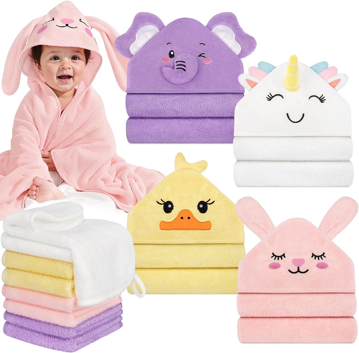 Candyhome 12 piece baby bath towel set with hooded animal designs
