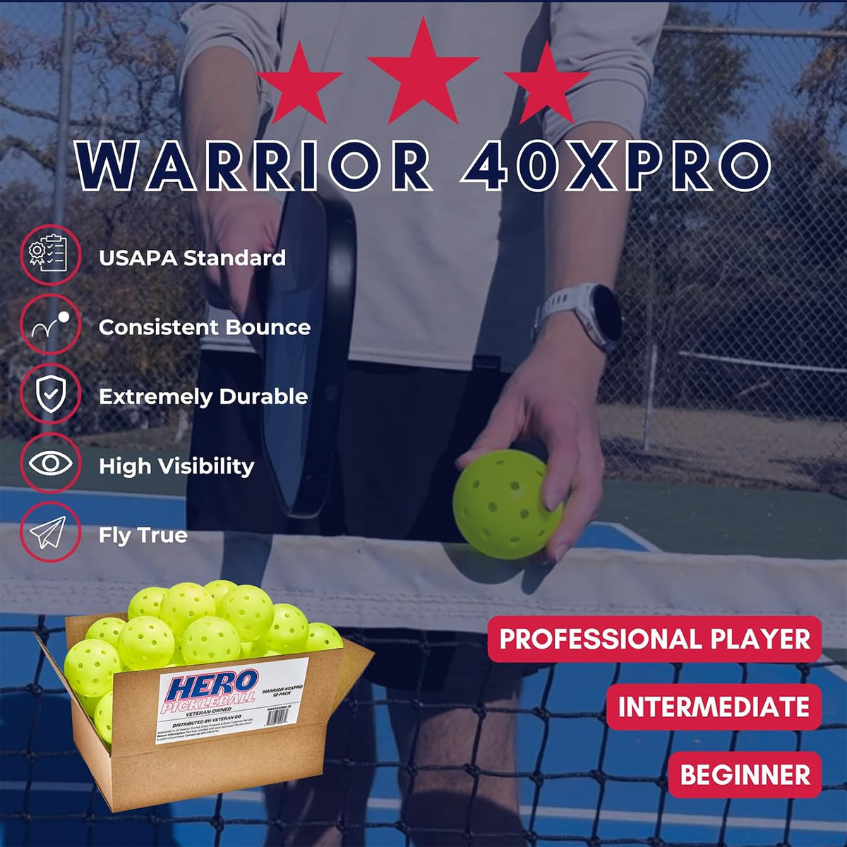 VeteranGO Hero Pickleball Warrior 40XPRO set of 12 neon green balls