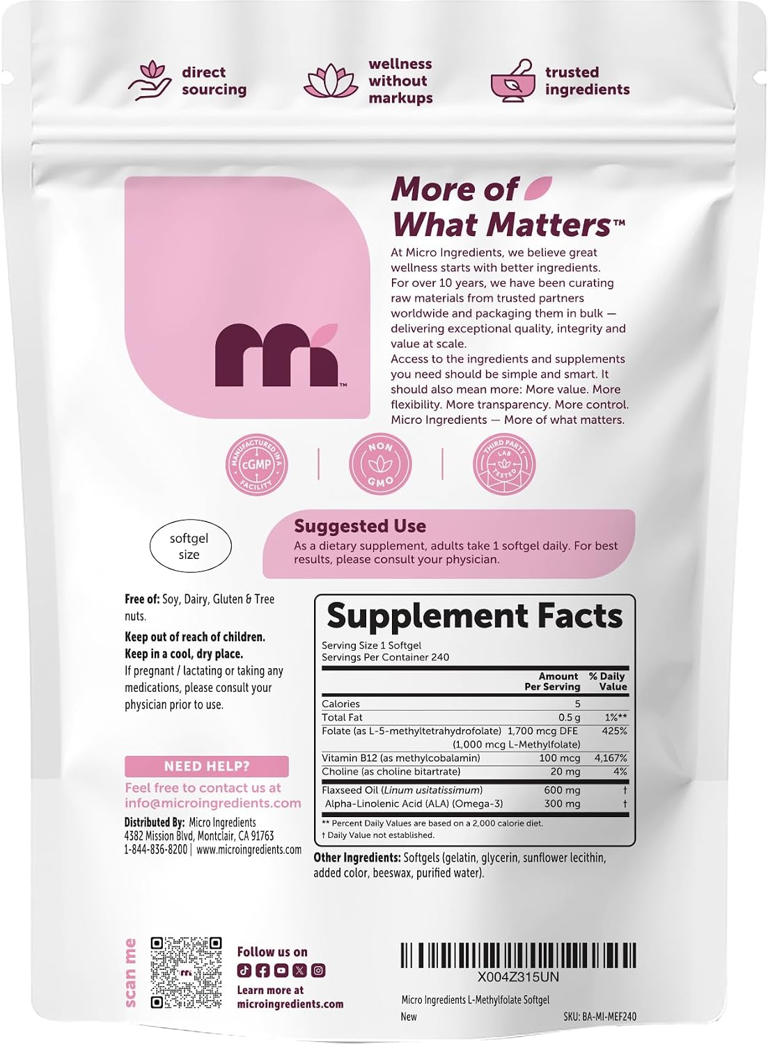 Micro Ingredients 240 softgels bottle nutritional information panel