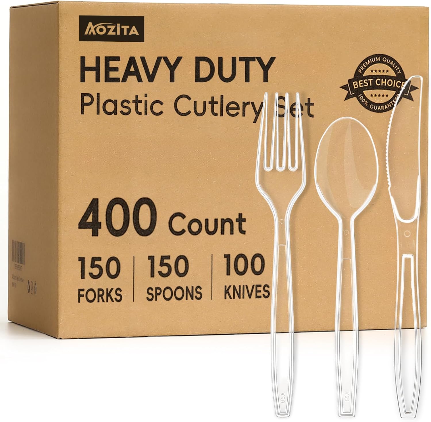 AOZITA plastic silverware pack front view showcasing premium clear disposable cutlery layout.