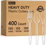 AOZITA plastic silverware pack front view showcasing premium clear disposable cutlery layout.