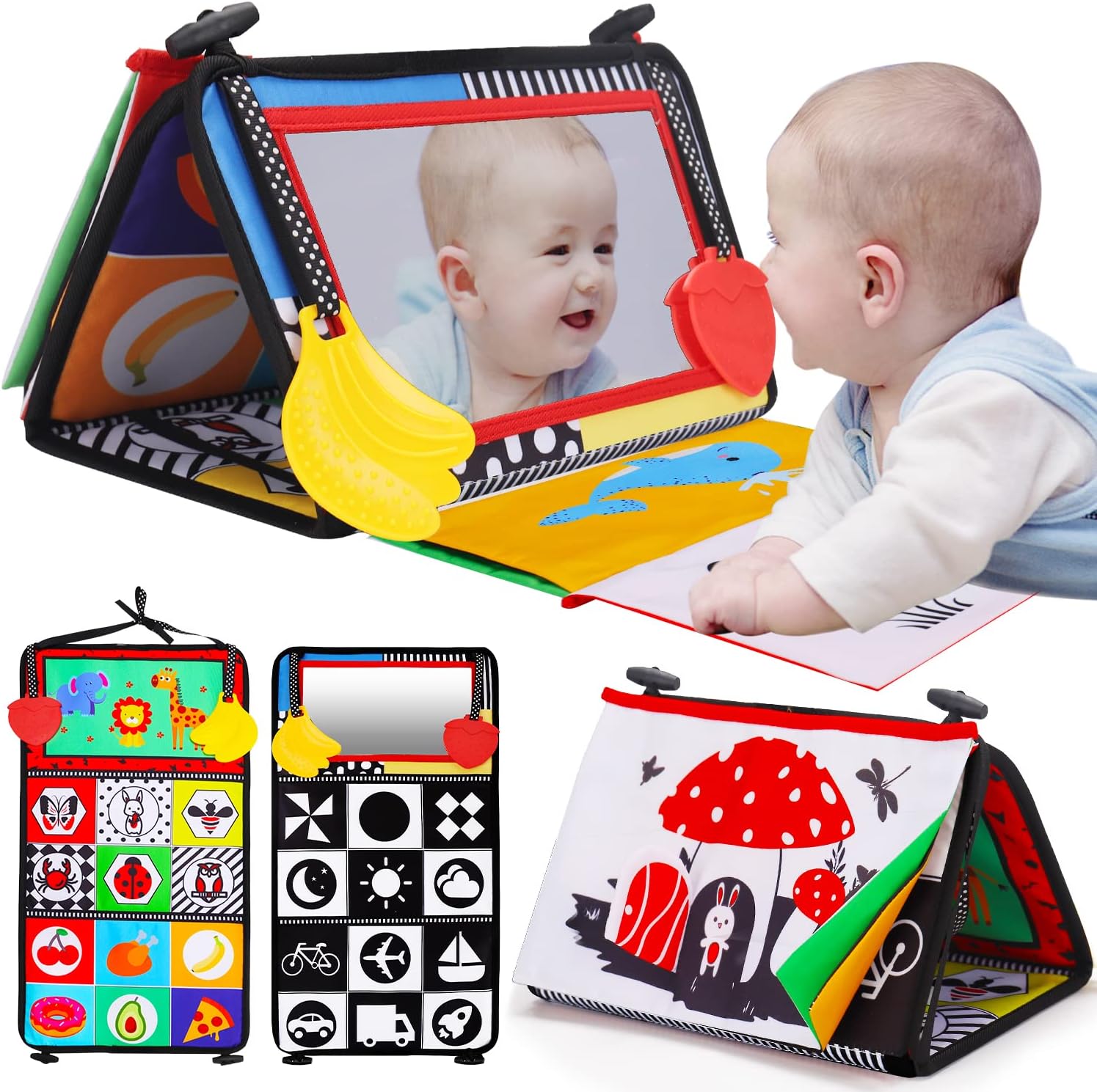 Thremhoo tummy time baby mirror front view showing high contrast black and white patterns for newborn development.