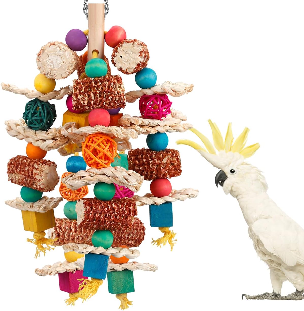 LovyoCoCo natural corn cob parrot chew toy hanging in a cage front view