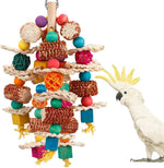 LovyoCoCo natural corn cob parrot chew toy hanging in a cage front view