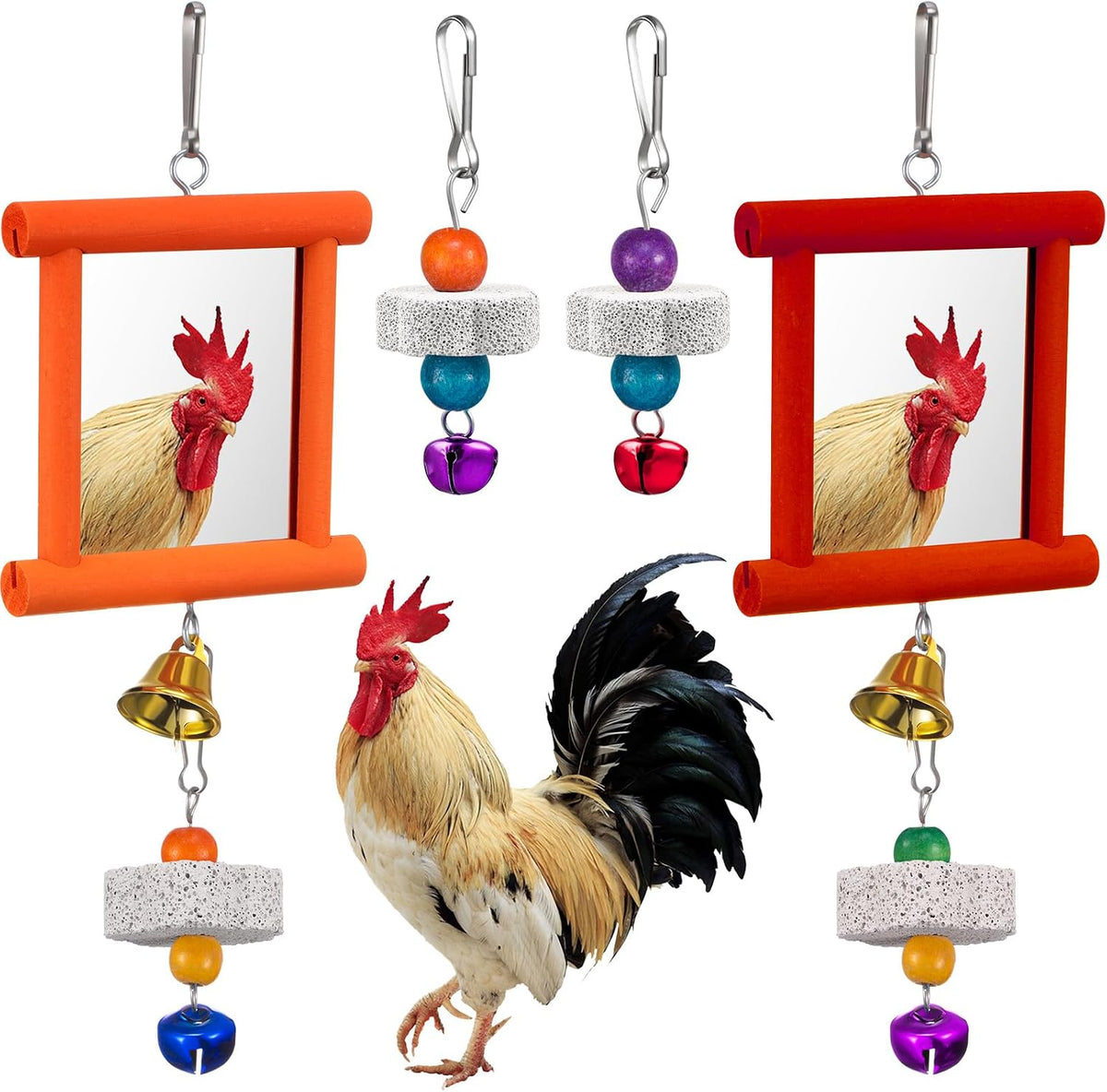 Sumind 2 Pieces Chicken Mirror Toys Hanging Swing Mirror with Bell Wooden Pecking Toy and 4 Pieces Beak Grinding Molar Stones for Hens Birds Parrots - Image 12
